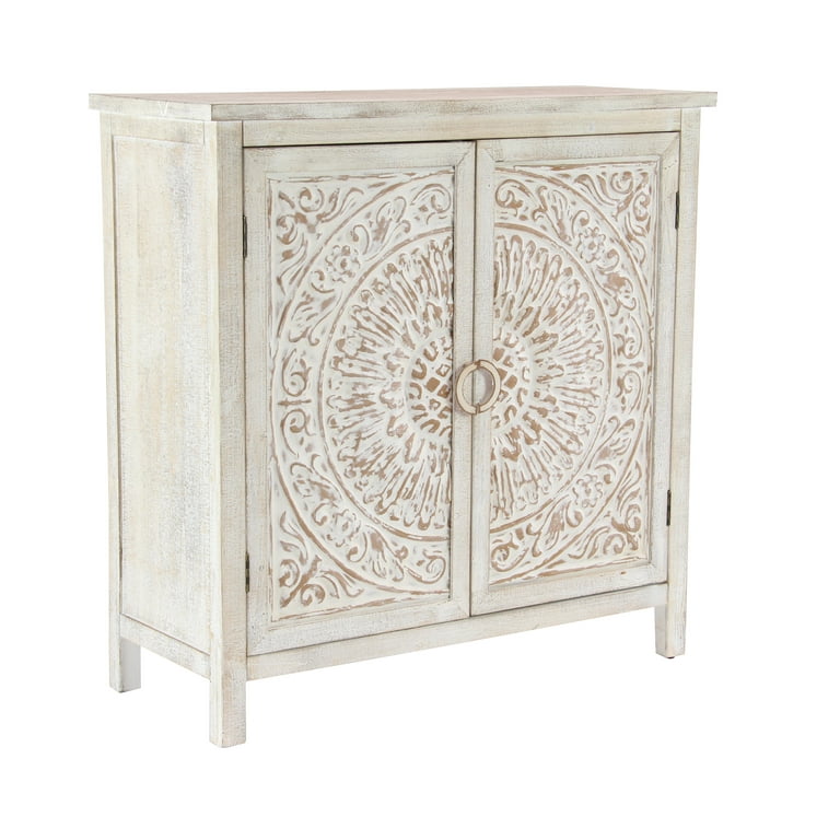 白樺風ビンテージホワイト　title「勇」 DecMode 39 Beige Wood Carved Floral Cabinet - Walmart.com