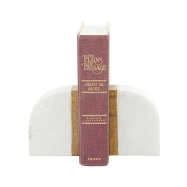 DecMode 4" Arch Geometric White Marble Bookends with Wood Accent (Set of 2)