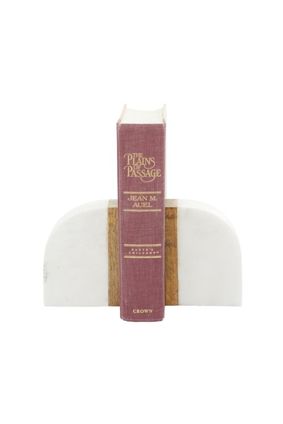 DecMode 4" Arch Geometric White Marble Bookends with Wood Accent (2 Count)