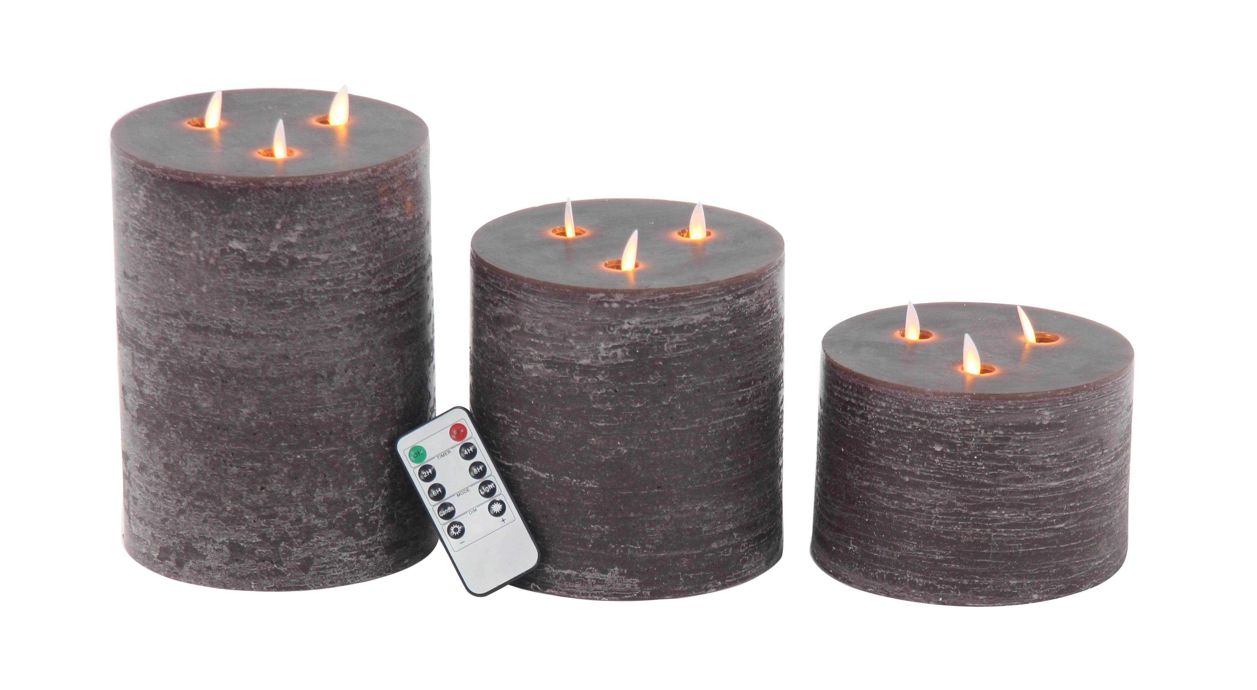 DecMode Brown Wax Indoor Outdoor Flameless Candle with Remote Control, Set of 3 4", 6", 8"H