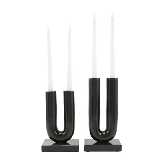 DecMode 4 Candle Black Aluminum Geometric U-Shaped Candle Holder with Marble Bases, Set of 2