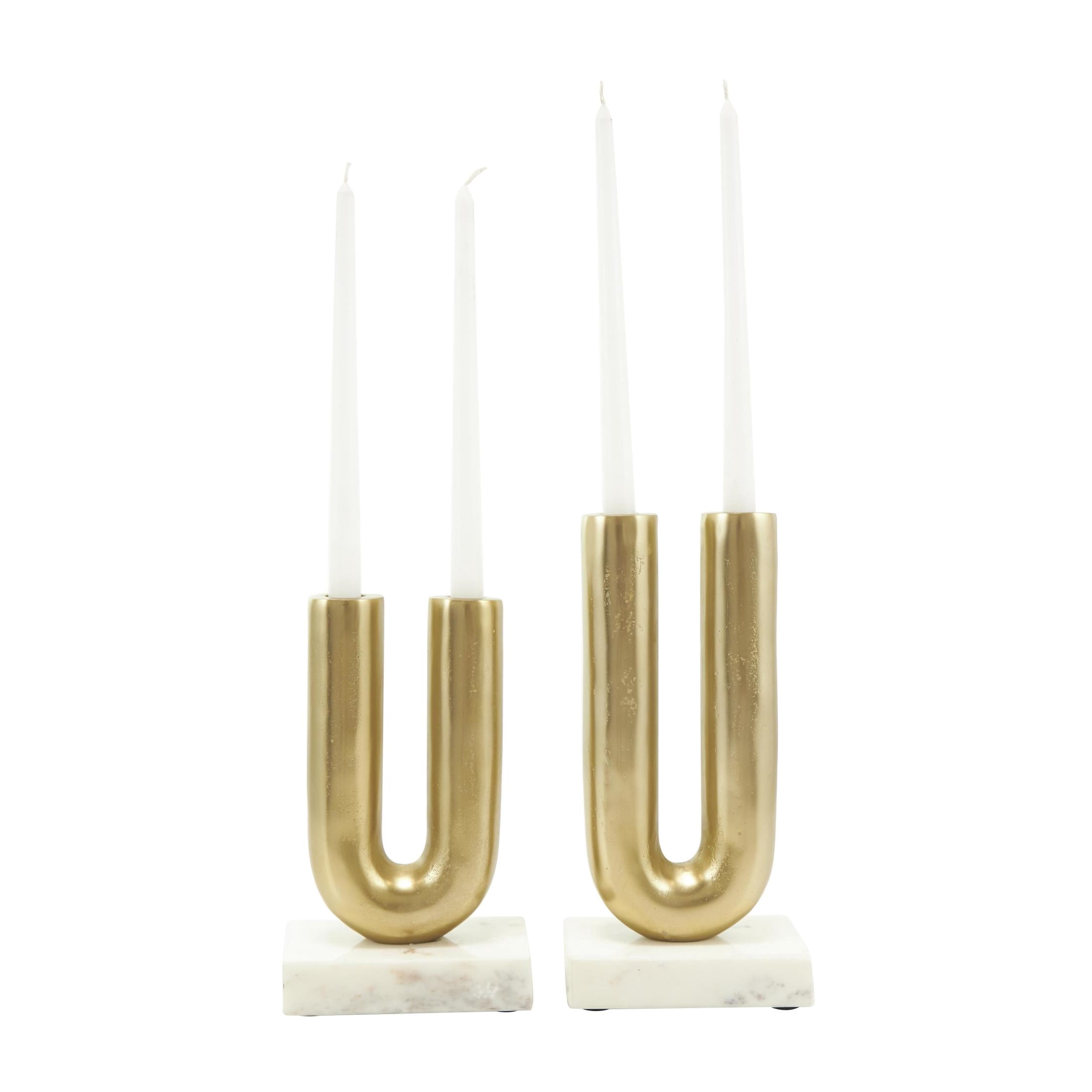 DecMode 4 Candle Gold Aluminum Metal Geometric U-Shaped Candle Holder with Marble Bases, Set of 2