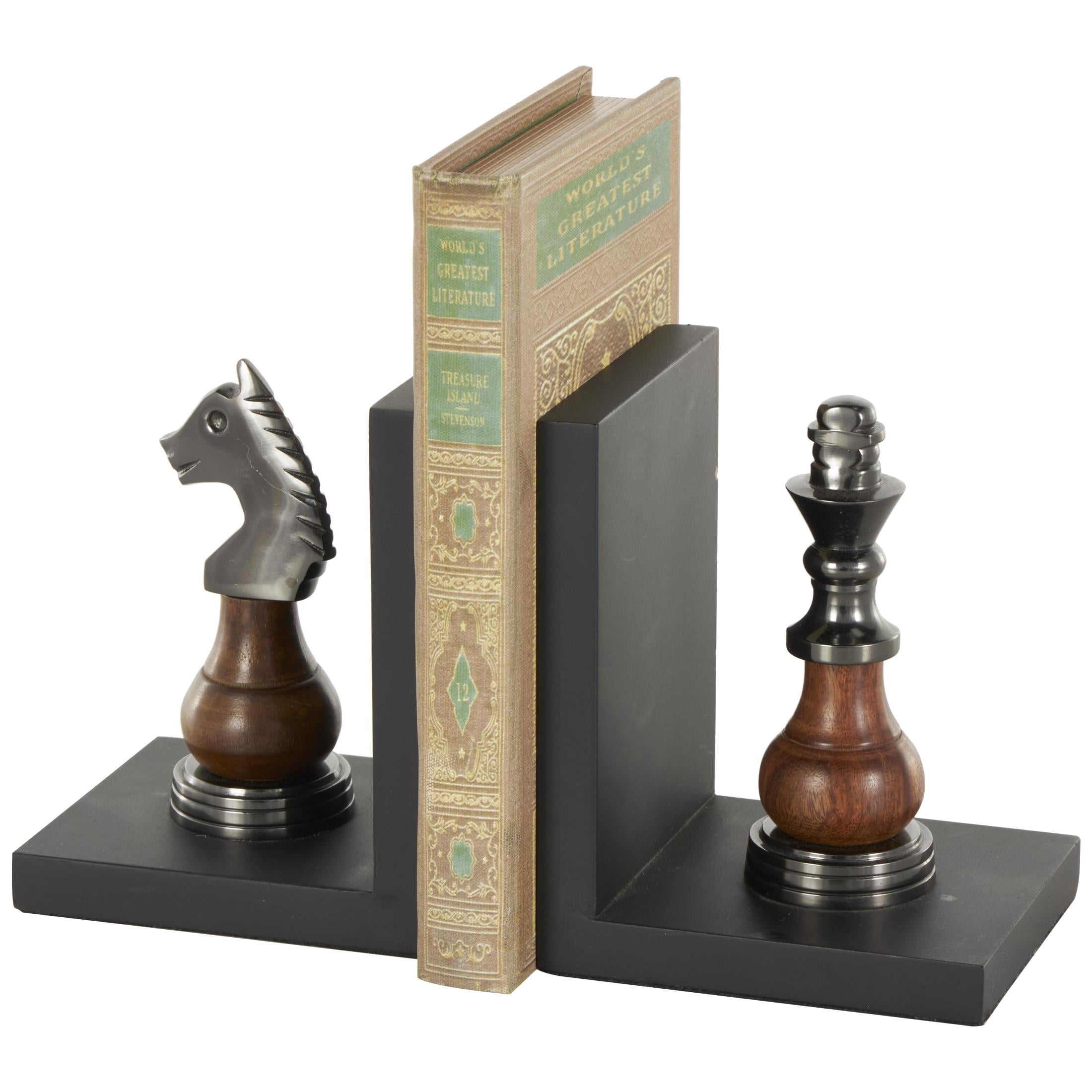 DecMode 4" Chess Black Aluminum Metal Bookends with Aluminum Accents (Set of 2)