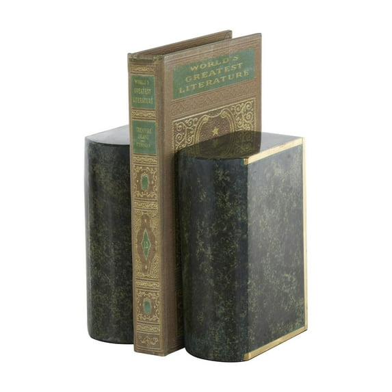 DecMode 4" Curved Rectangular Geometric Green Marble Bookends with Gold Accents (Set of 2)