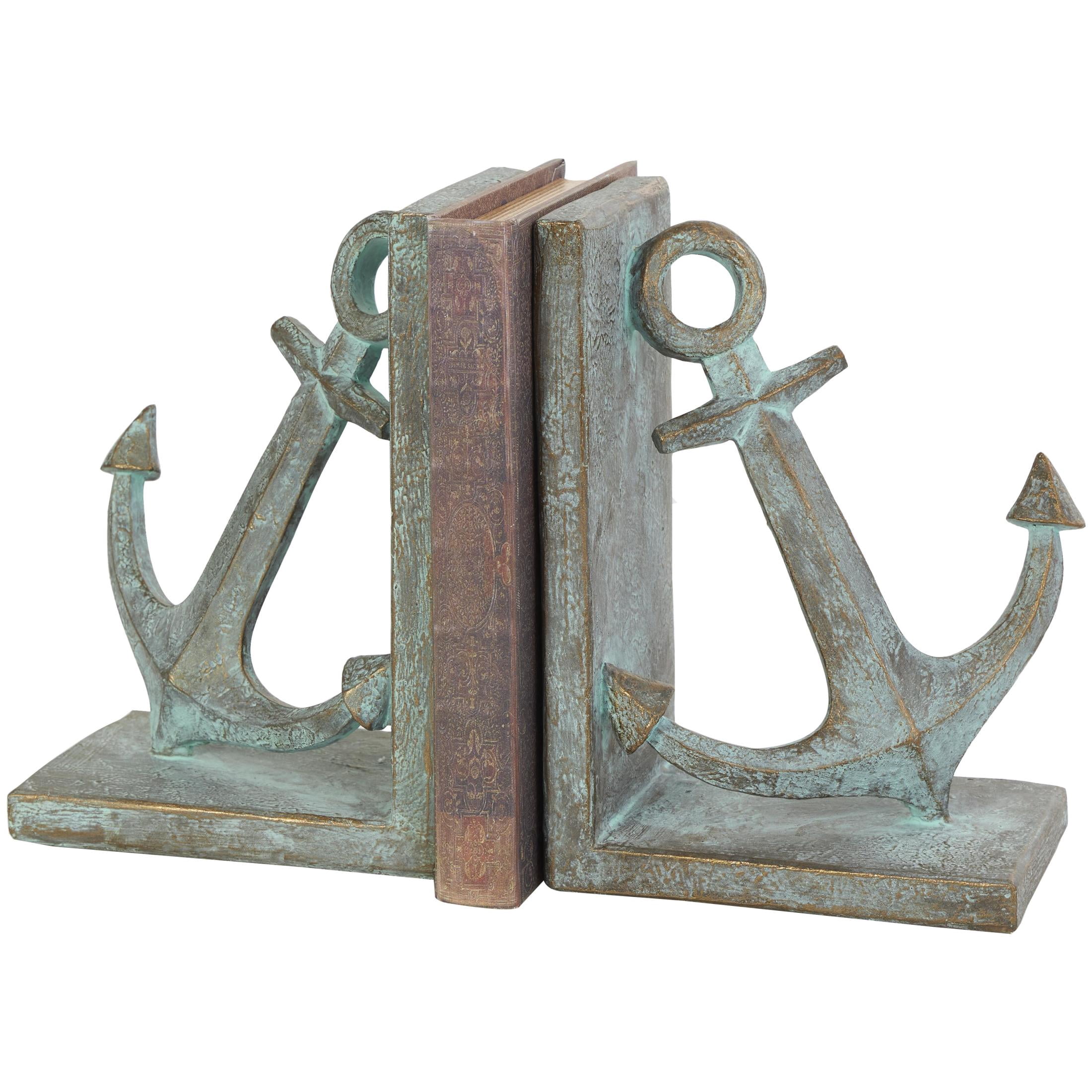 DecMode 4" Distressed Patina Anchor Blue Polyresin Bookends with Gold Foil Accents (Set of 2)