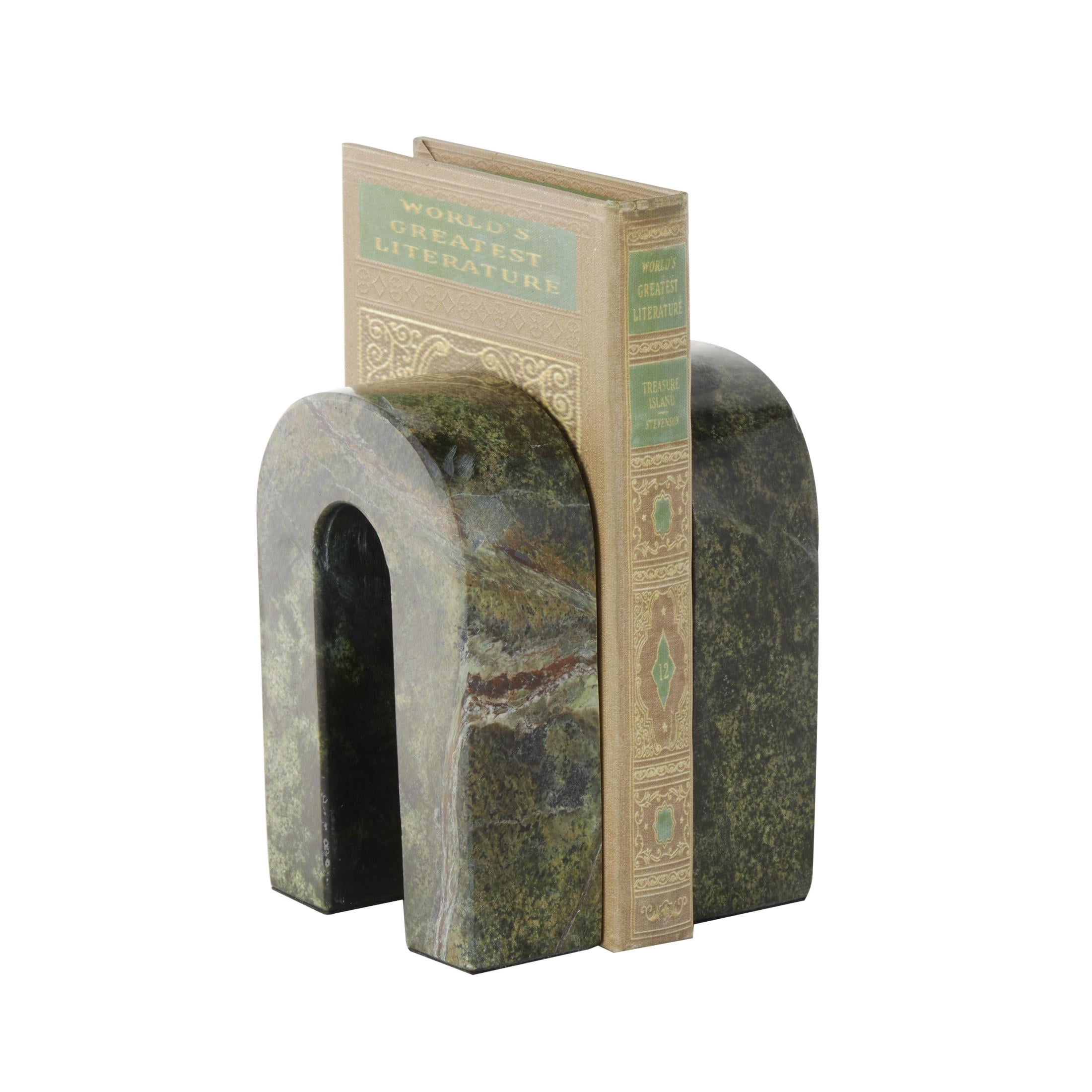 DecMode 4" Arched Geometric Green Marble Bookends (Set of 2)