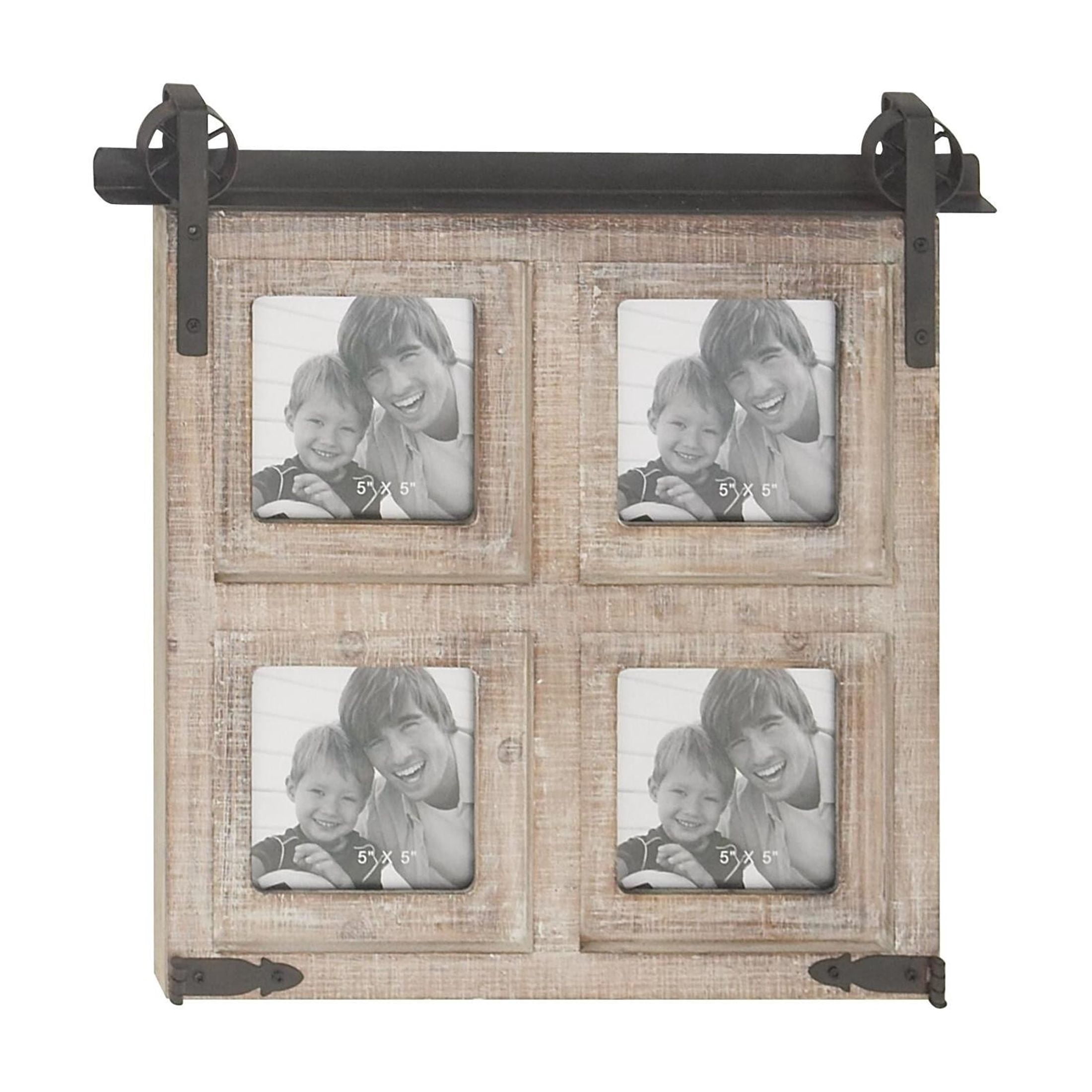 DecMode 4-Opening 5" x 5" Barn Door Brown People Wall Photo Frame with Black Metal Accents