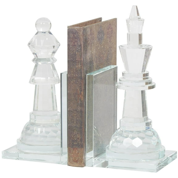DecMode 4" Oversized Chess Clear Crystal Bookends with Cut Crystal Designs (Set of 2)