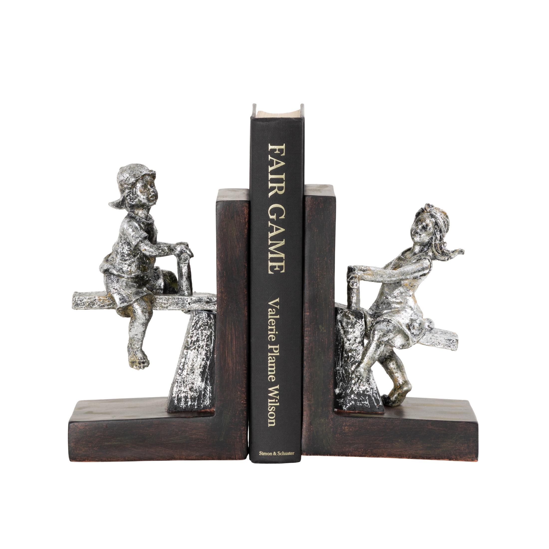 DecMode 4" People Brown Polystone Bookends with Swing Set (Set of 2)