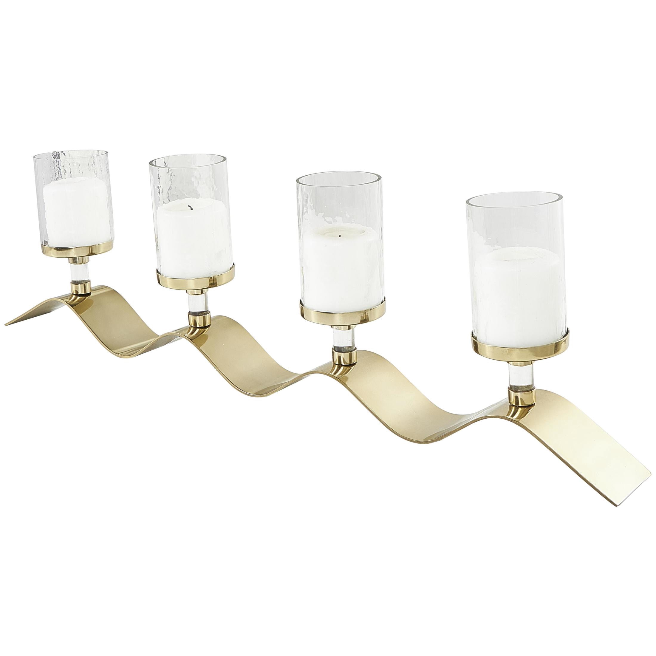 DecMode 4-Slot Champagne Stainless Steel Metal 4 Candle Hurricane Lamp with Wavy Base