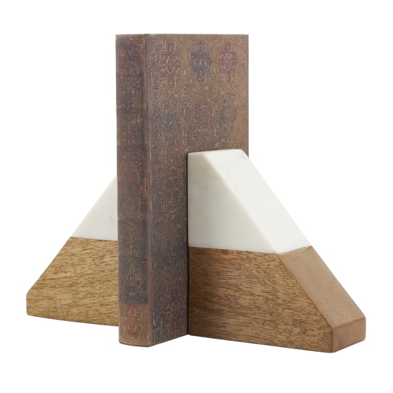 DecMode 4" Triangle Geometric Brown Wood Bookends with White Marble Tops (Set of 2)