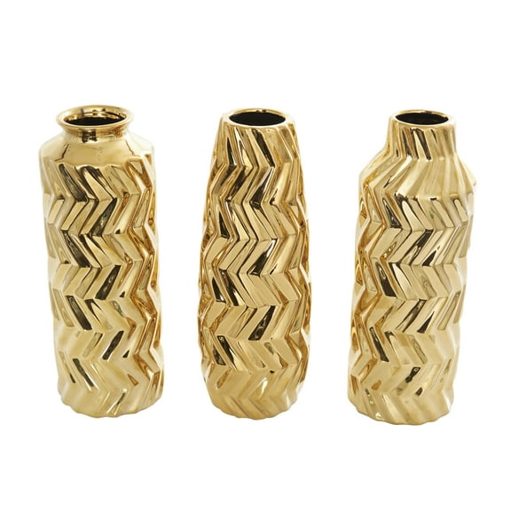 DecMode 4"W, 11"H Dimensional Chevron Textured Gold Ceramic Vase with Varying Shapes, Set of 3