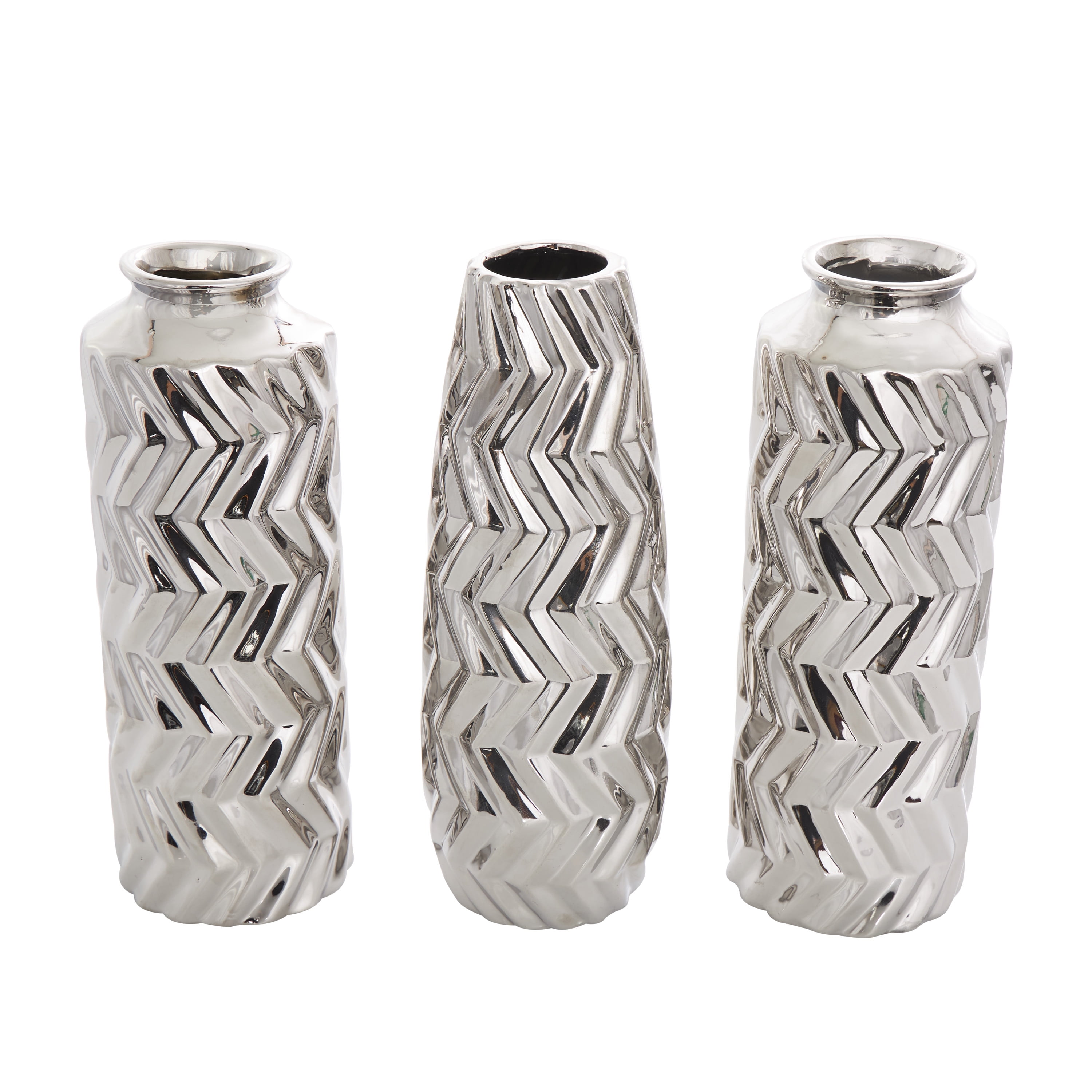 DecMode 4"W, 11"H Dimensional Chevron Textured Silver Ceramic Vase with Varying Shapes, Set of 3