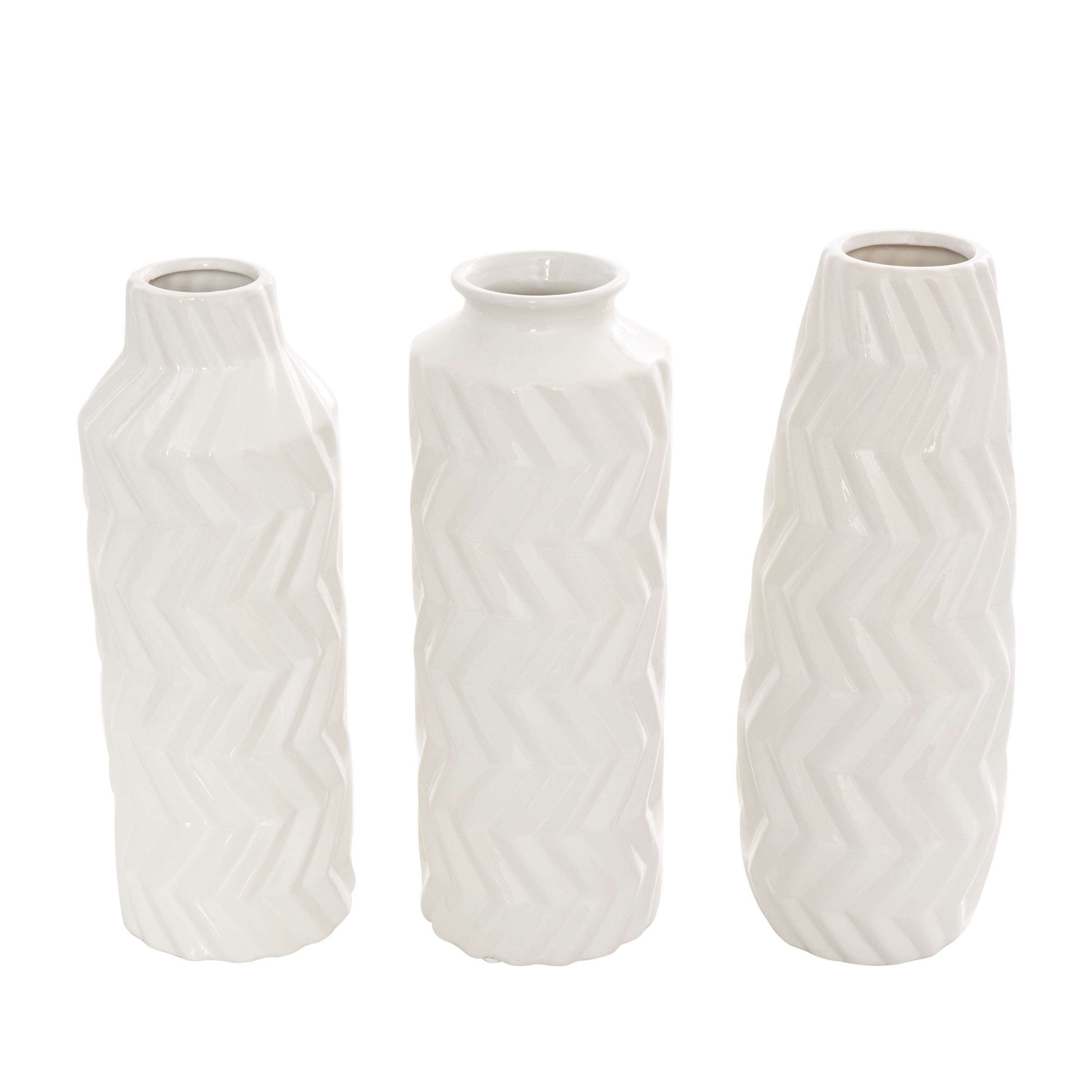 DecMode 4"W, 11"H Dimensional Chevron Textured White Ceramic Vase with Varying Shapes, Set of 3