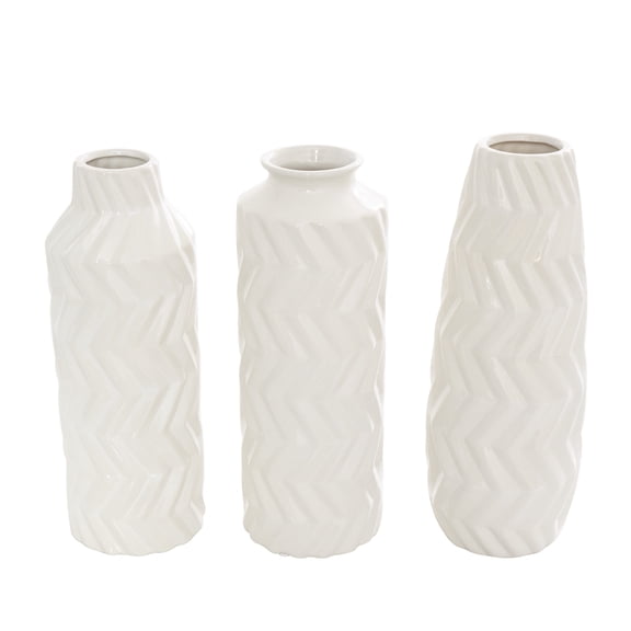 DecMode 4"W, 11"H Dimensional Chevron Textured White Ceramic Vase with Varying Shapes, Set of 3