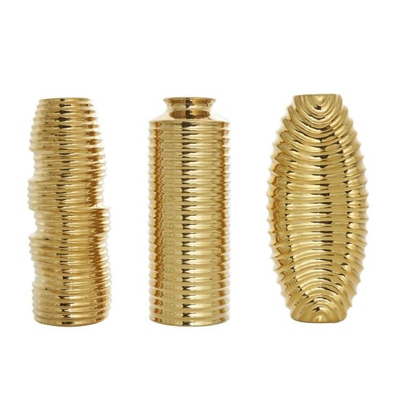 DecMode 4"W, 11"H Dimensional Ribbed Gold Ceramic Vase with Varying Shapes, Set of 3