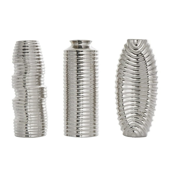 DecMode 4"W, 11"H Dimensional Ribbed Silver Ceramic Vase with Varying Shapes, Set of 3