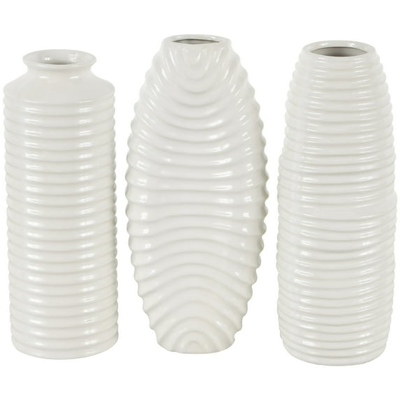 DecMode 4"W, 11"H Dimensional Ribbed White Ceramic Vase with Varying Shapes, Set of 3