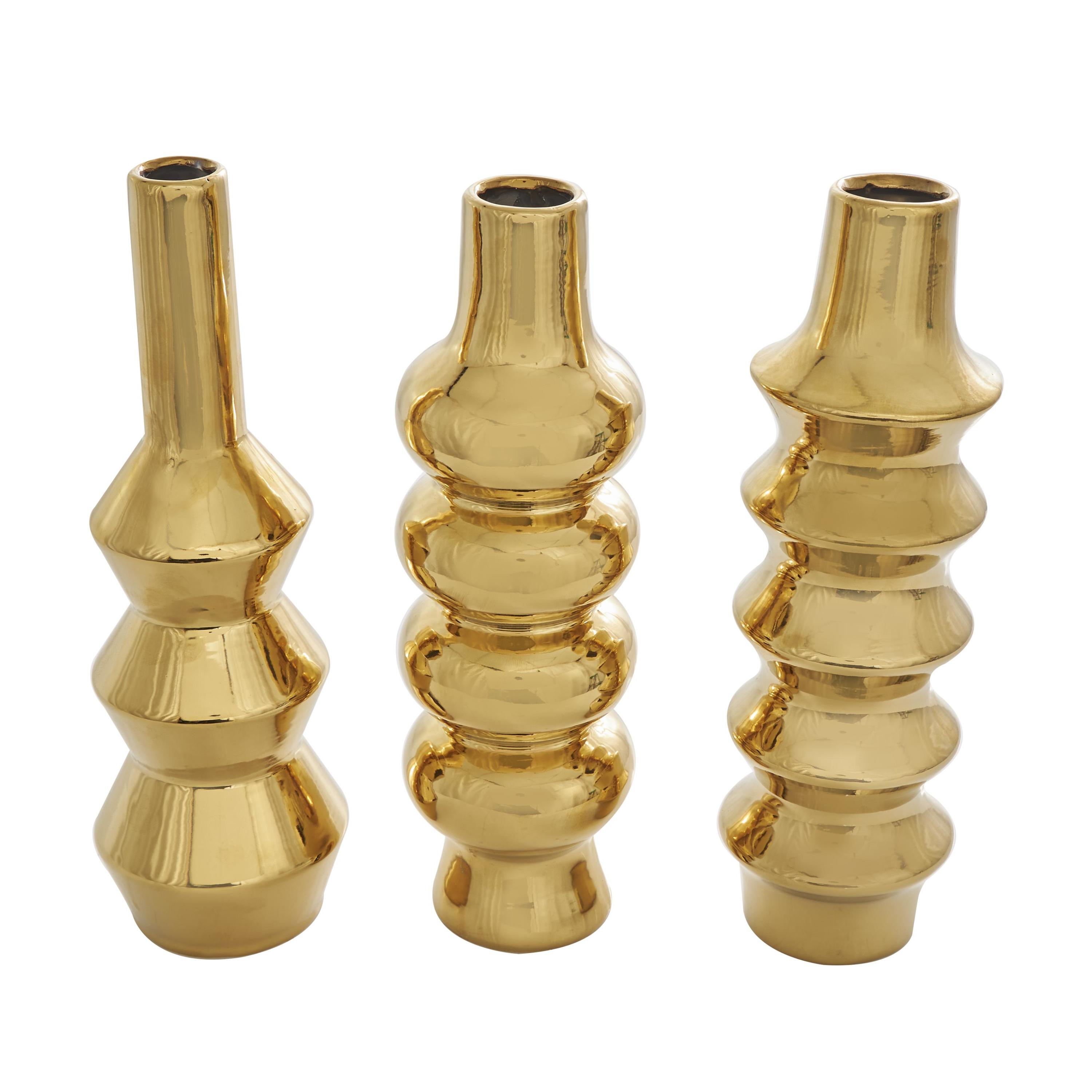 DecMode 4"W, 12"H Abstract Bubble Inspired Gold Ceramic Vase with Varying Shapes, Set of 3