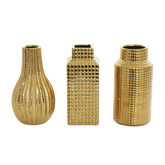 DecMode 4"W, 8"H Geometric Dimensional Textured Gold Ceramic Vase with Varying Shapes and Grid Patterns, Set of 3