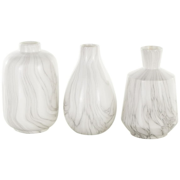 DecMode 4"W, 8"H Marble Inspired White Ceramic Vase with Varying Shapes, Set of 3