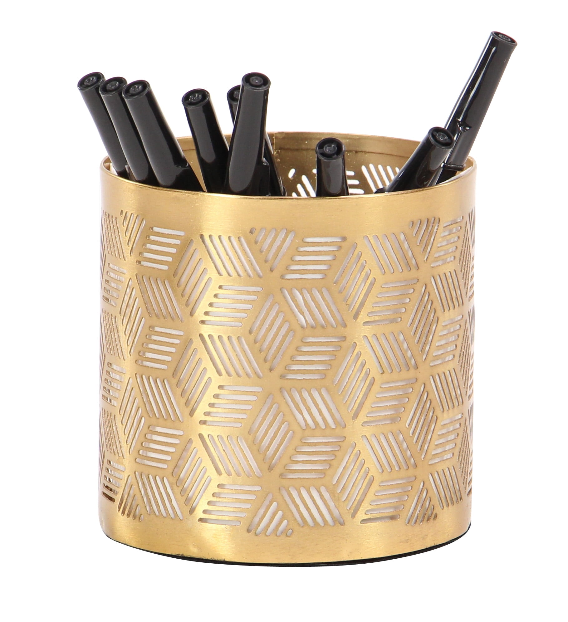 Gold Metal Geometric Cylinder Pencil Cup with Laser Carved Design