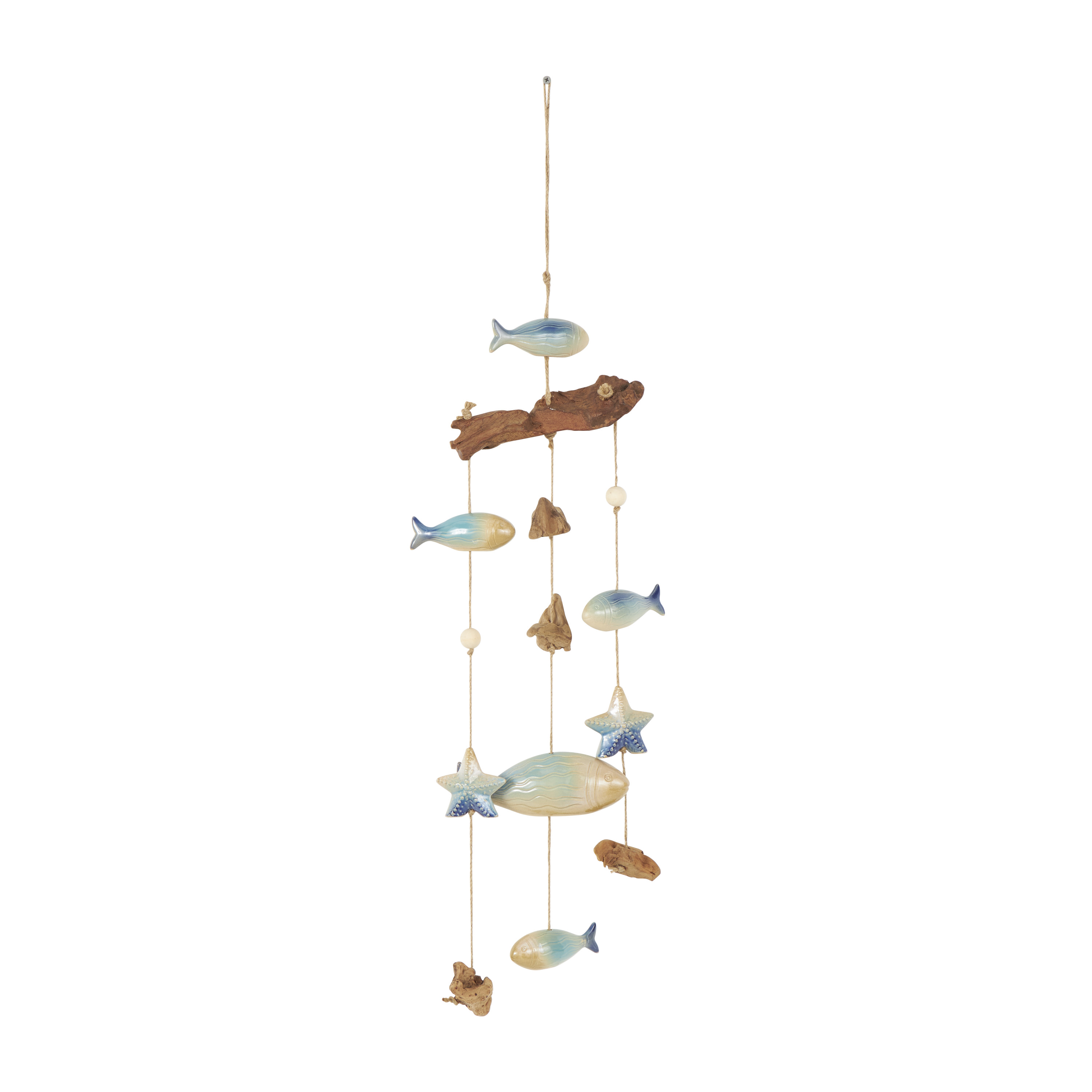 DecMode 40" Brown Ceramic Fish Windchime with Driftwood and Hanging Starfish Accents