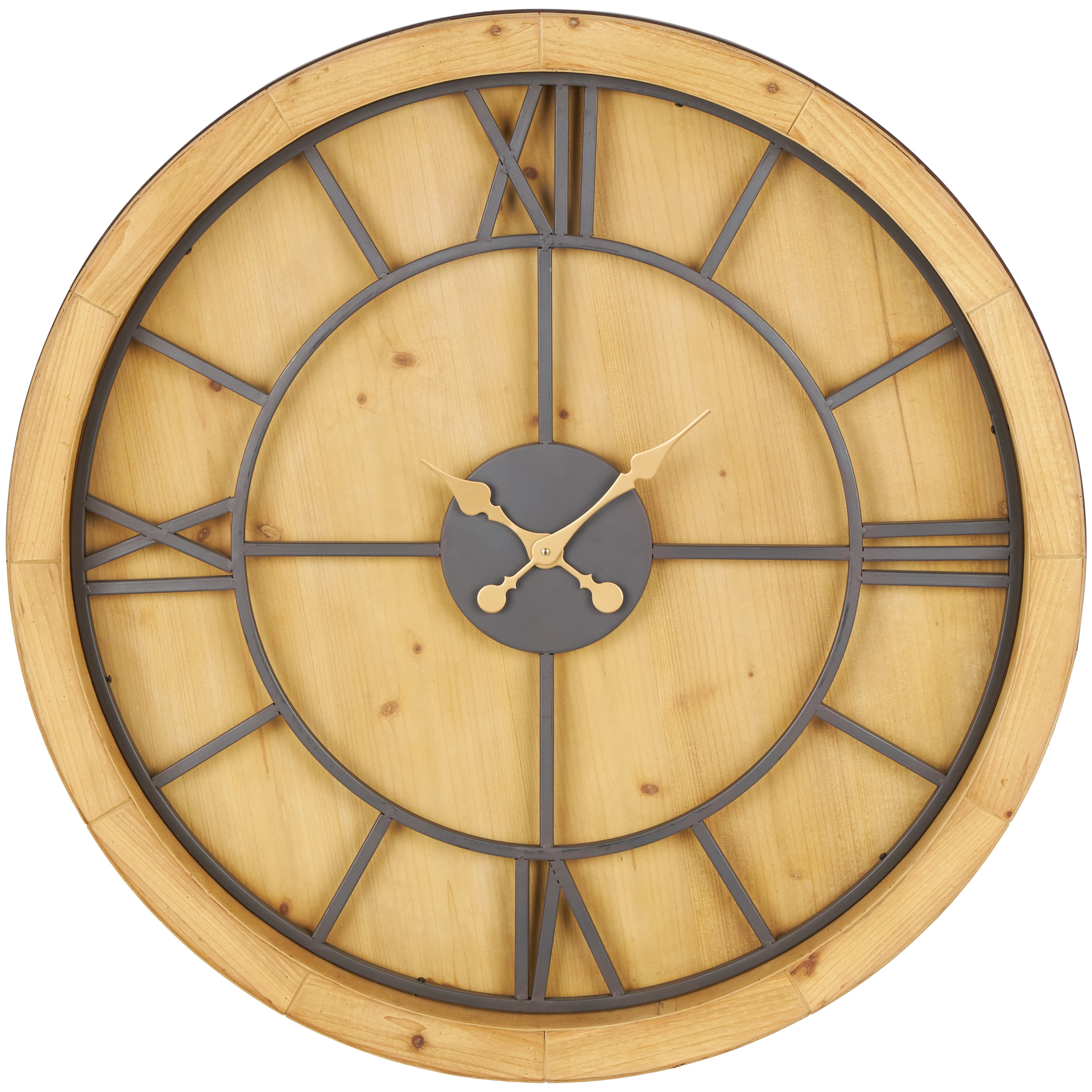 Oversized Brown Mediterranean Wood Wall Clock with Gold Hands
