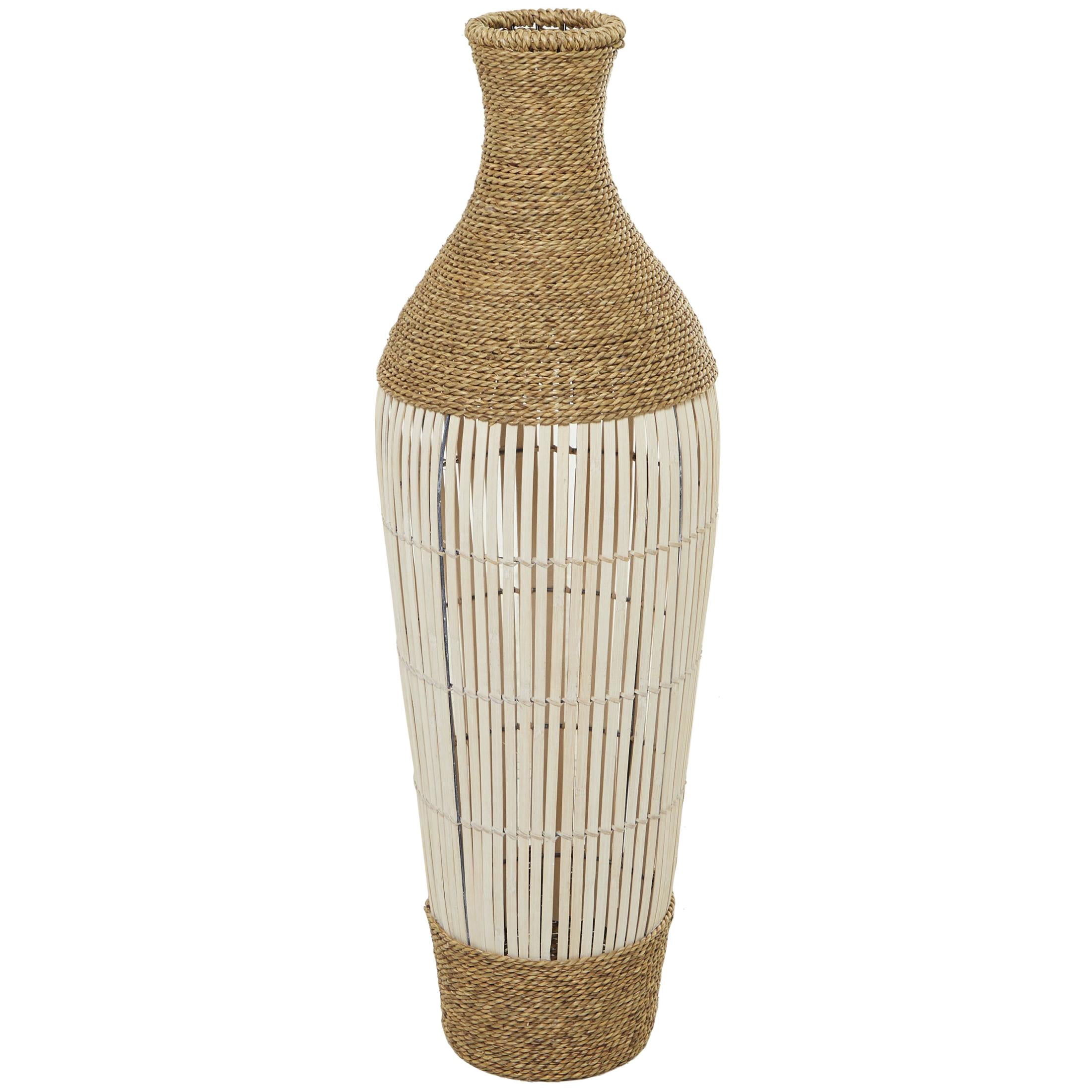 DecMode 40" Handmade Wrapped Tall Floor Brown Seagrass Vase with Cream Slatted Bamboo Center