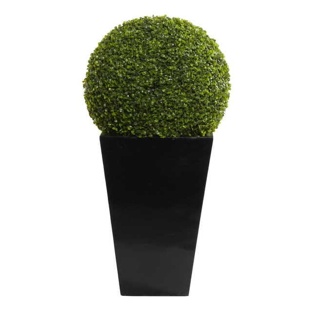 DecMode 40" Tall Boxwood Ball Artificial Topiary in Realistic Leaves and Black Fiberglass Pot