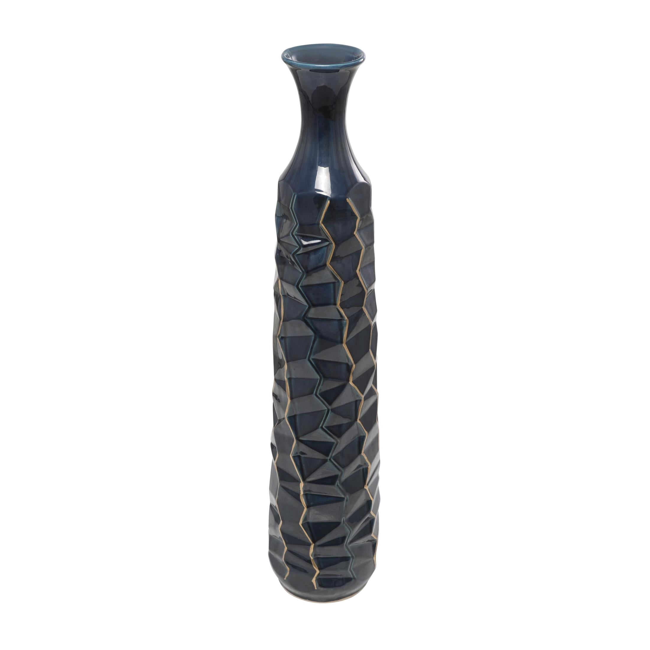 DecMode 40" Geometric Tall Floor Teal Ceramic Vase with Gold Accents