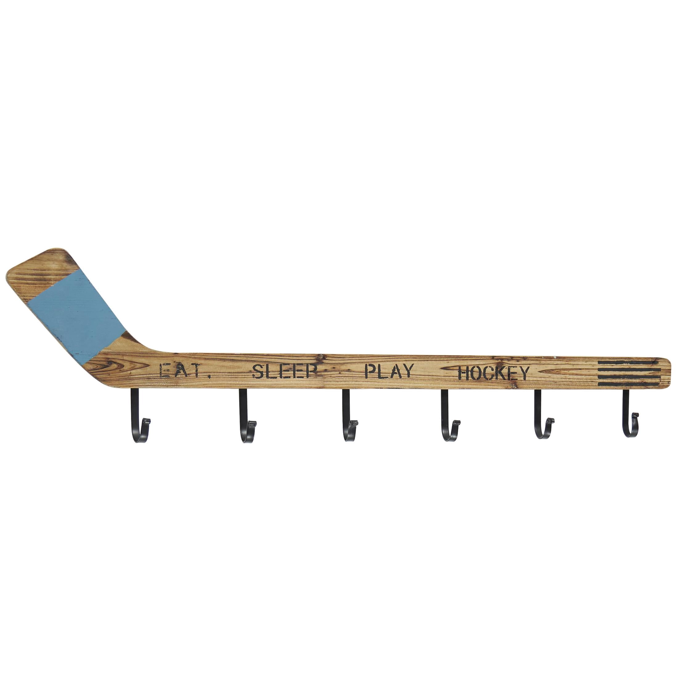DecMode 40" x 11" Brown Wood Hockey Stick 6 Hanger Wall Hook, 1-Piece