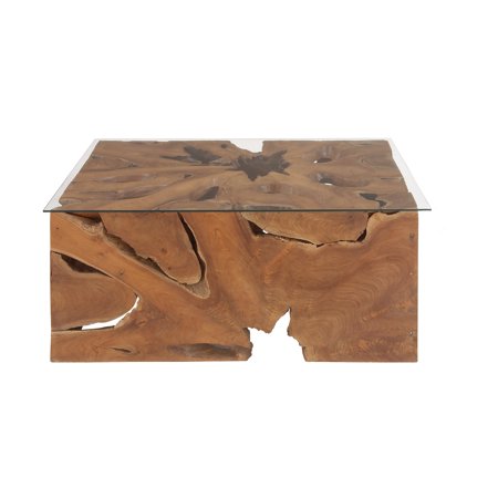 DecMode 40" x 18" Brown Teak Wood Handmade Live Edge Tree Stump Coffee Table with Clear Glass Top, 1-Piece
