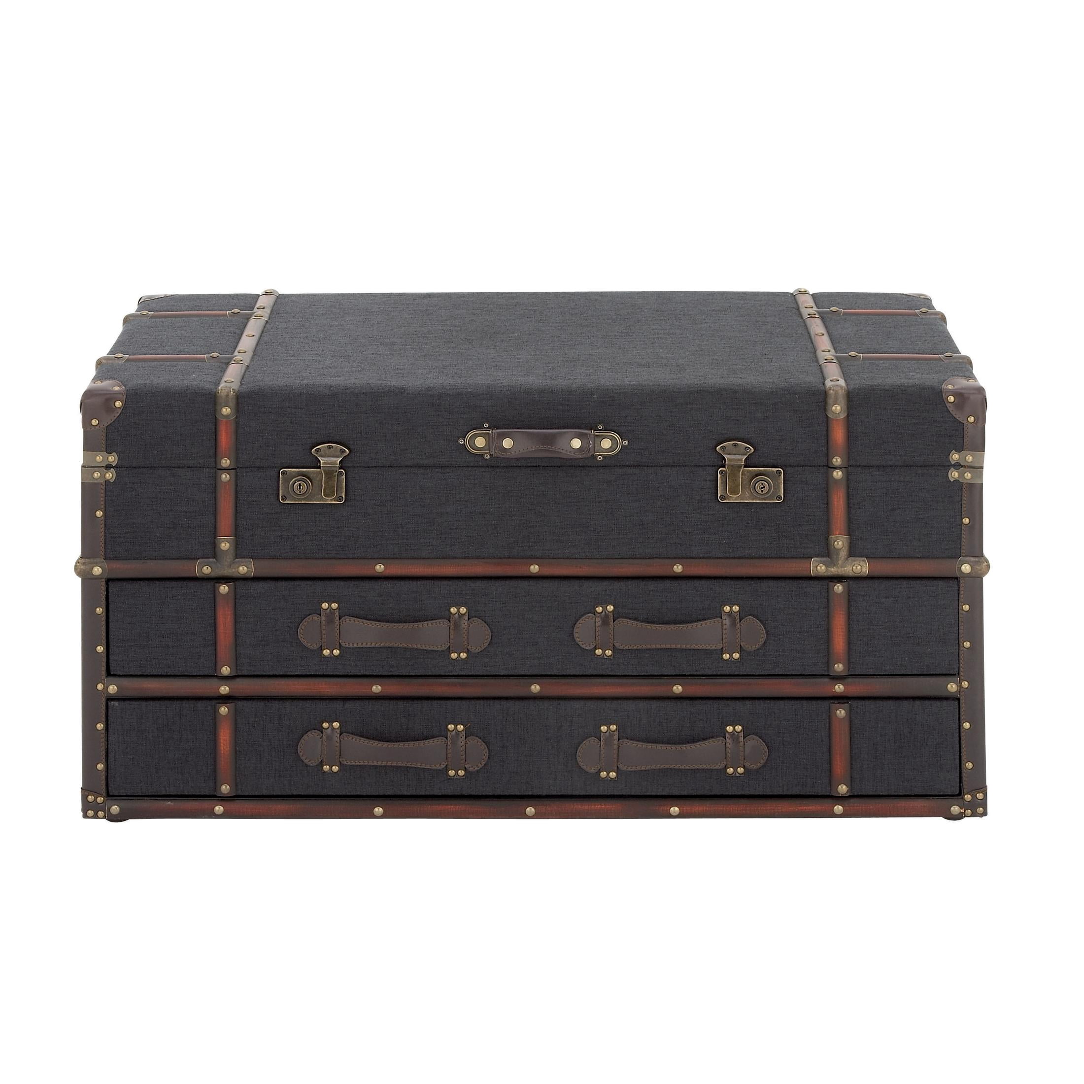 DecMode 40" x 21" Dark Blue Linen Fabric Upholstered Trunk 2 Drawer Coffee Table with Buckle Hinged Top, 1-Piece