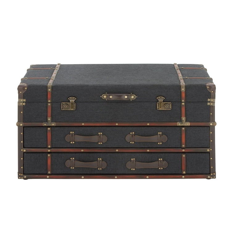 DecMode 40 x 21 Dark Blue Linen Upholstered Trunk 2 Drawer