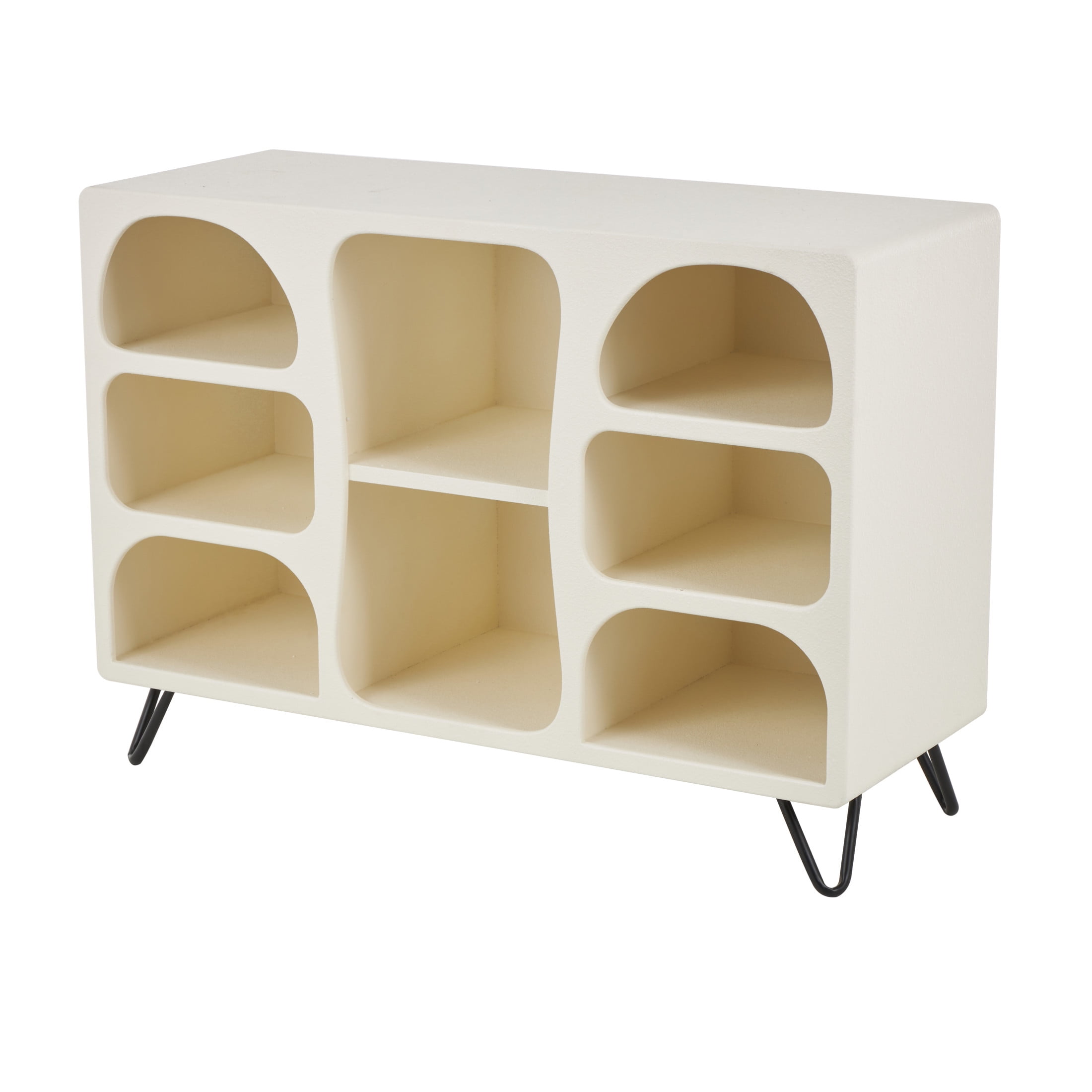 DecMode 40" x 28" Cream Wooden Geometric 8-Tier Shelving Unit with Abstract Block Shapes and Black Hairpin Legs, 1-Piece