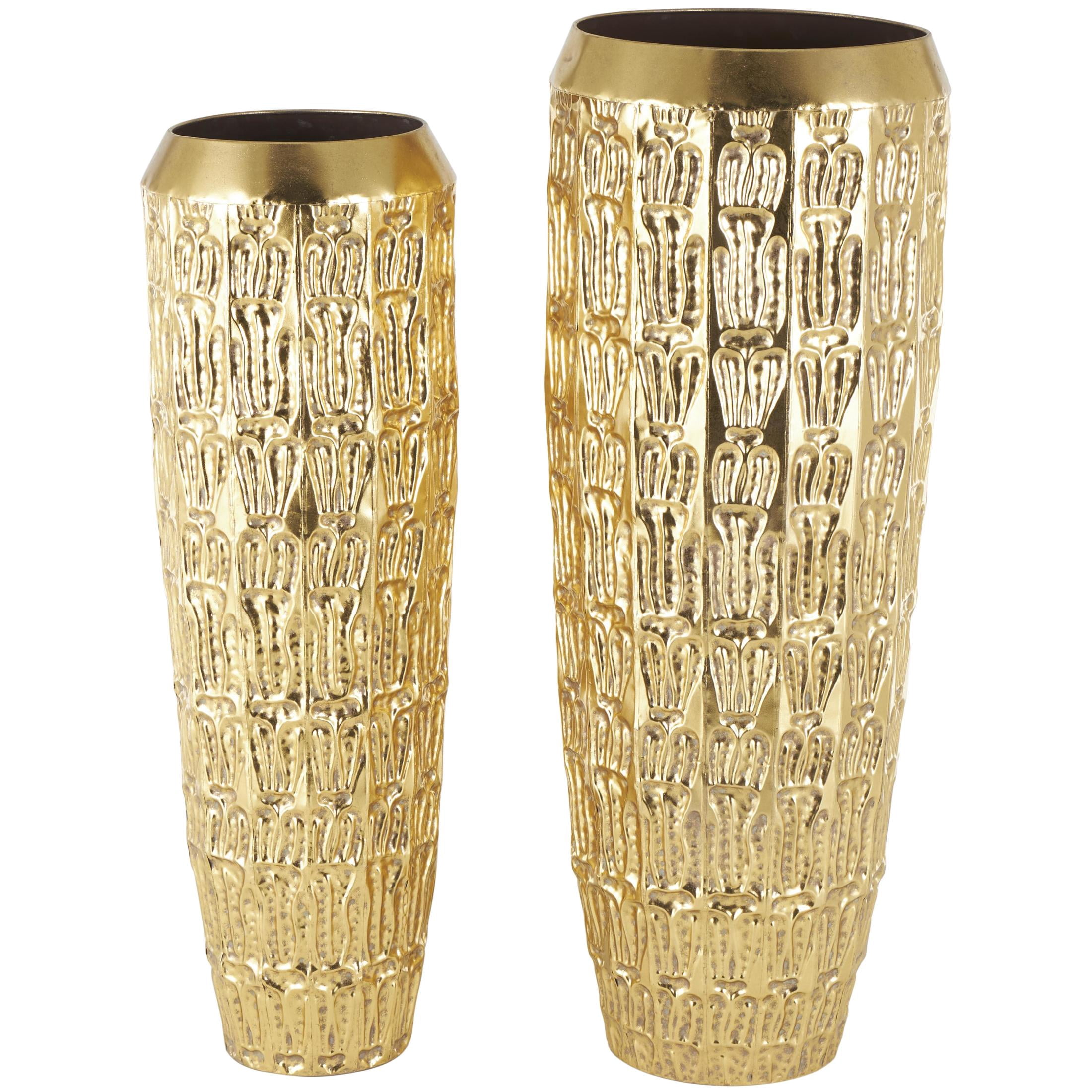 DecMode 41", 37"H Tall Gold Metal Vase with Grooved Patterns, Set of 2