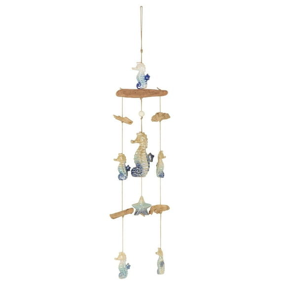 DecMode 41" Blue Ceramic Ombre Starfish Windchime with Driftwood and Hanging Starfish Accents