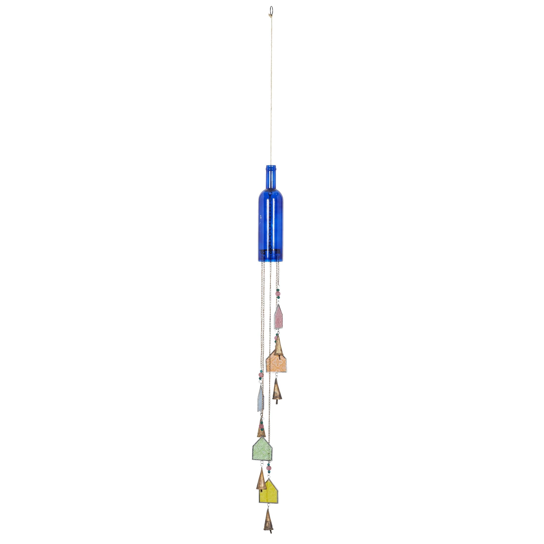 DecMode 45" Blue Glass Handmade Bottle Nautical Windchime with Beads and Cone Bells