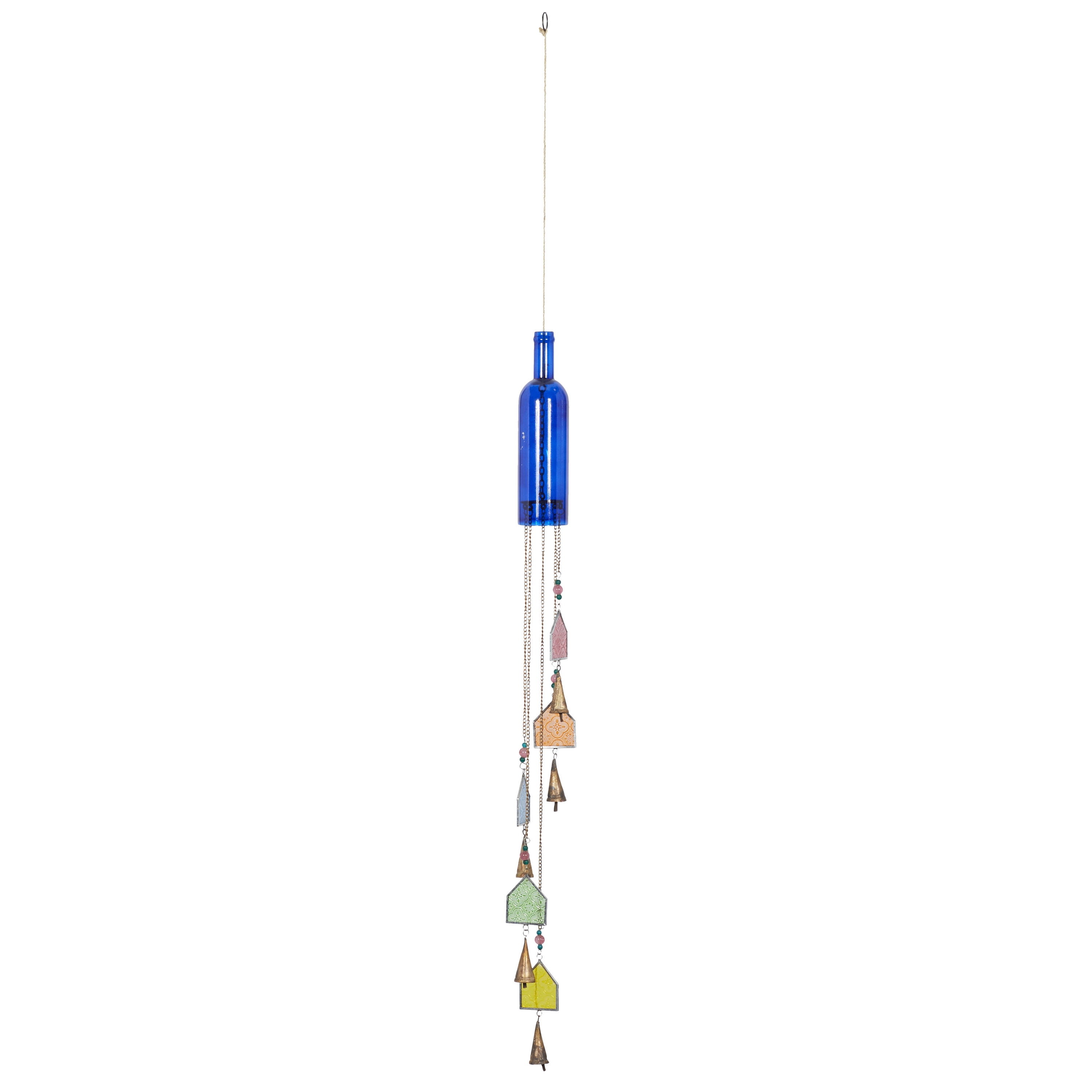 41-Inch Blue Glass Bottle Wind Chime with Beads and Bells