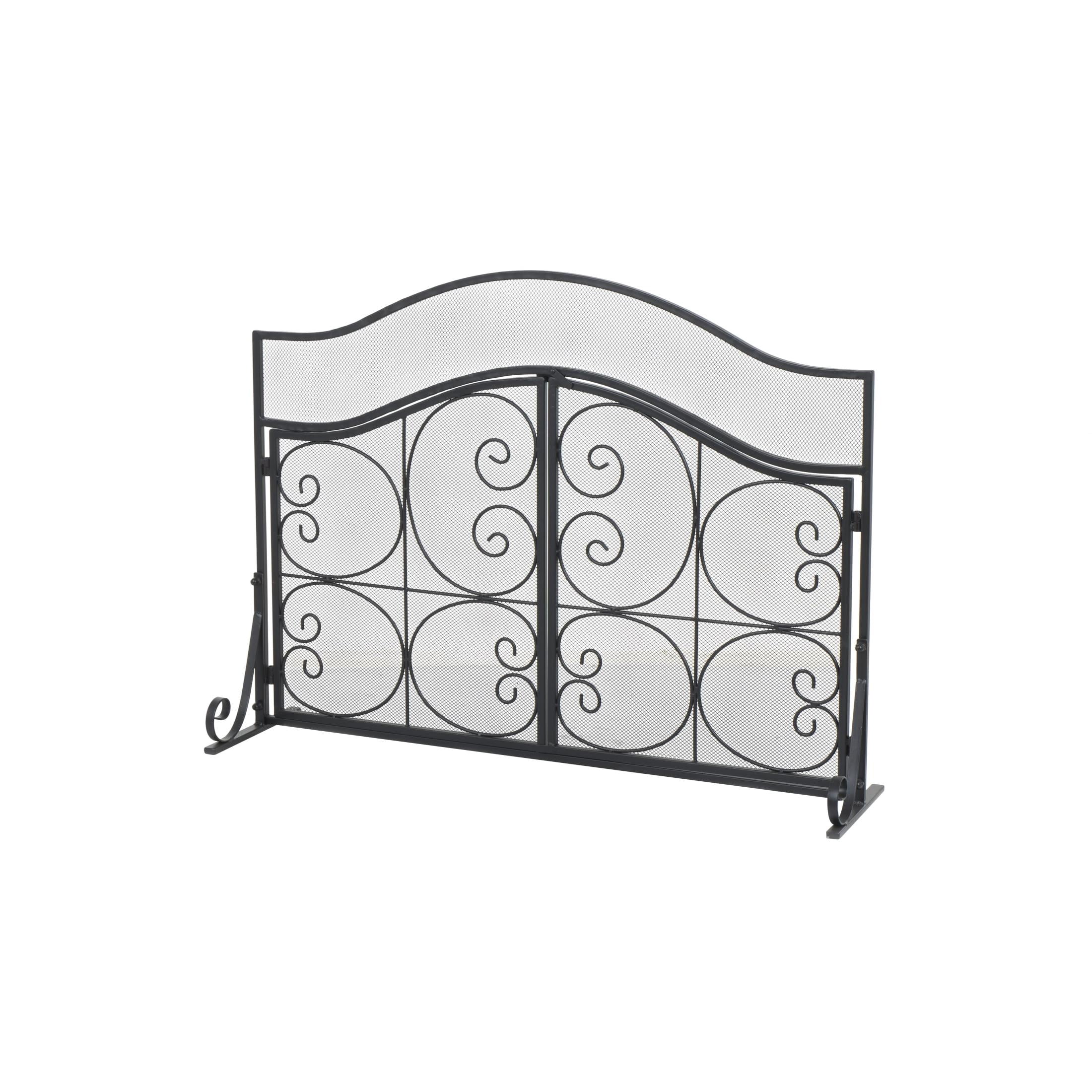 DecMode 41" x 30" Black Metal Arched 1 Panel 2 Door Scroll Fireplace Screen with Mesh Backing, 1-Piece