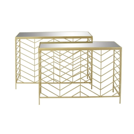 DecMode 42", 39"W Gold Metal Geometric Console Table with Mirrored Glass Top, 2-Pieces