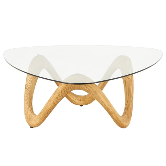 DecMode 42" x 15" Light Brown Cement Stone Wavy Abstract Coffee Table with Wood Inspired Base and Triangular Glass Top, 1-Piece