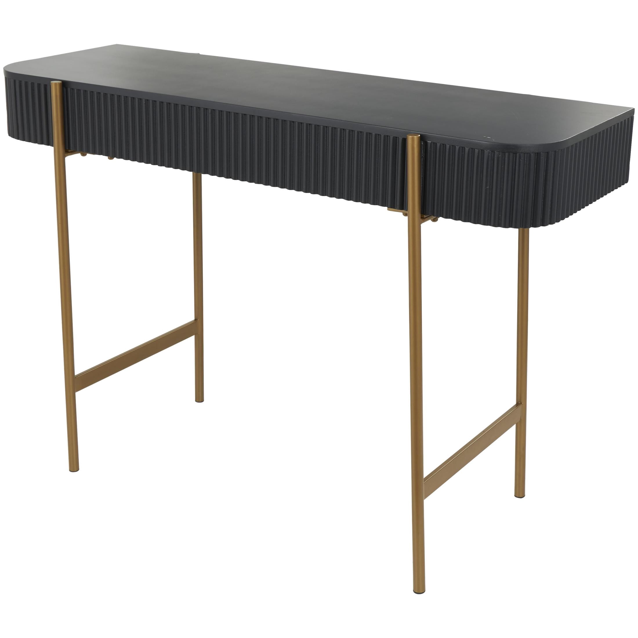 DecMode 42" x 30" Black Wooden Rounded Rectangular Ribbed Console Table with Gold Metal Legs, 1-Piece