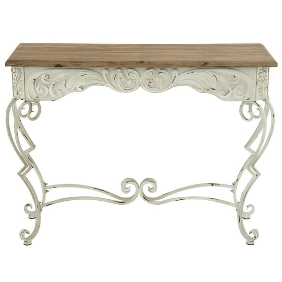 DecMode 42" x 32" White Metal Rectangular Scroll Console Table with Brown Wood Top, 1-Piece