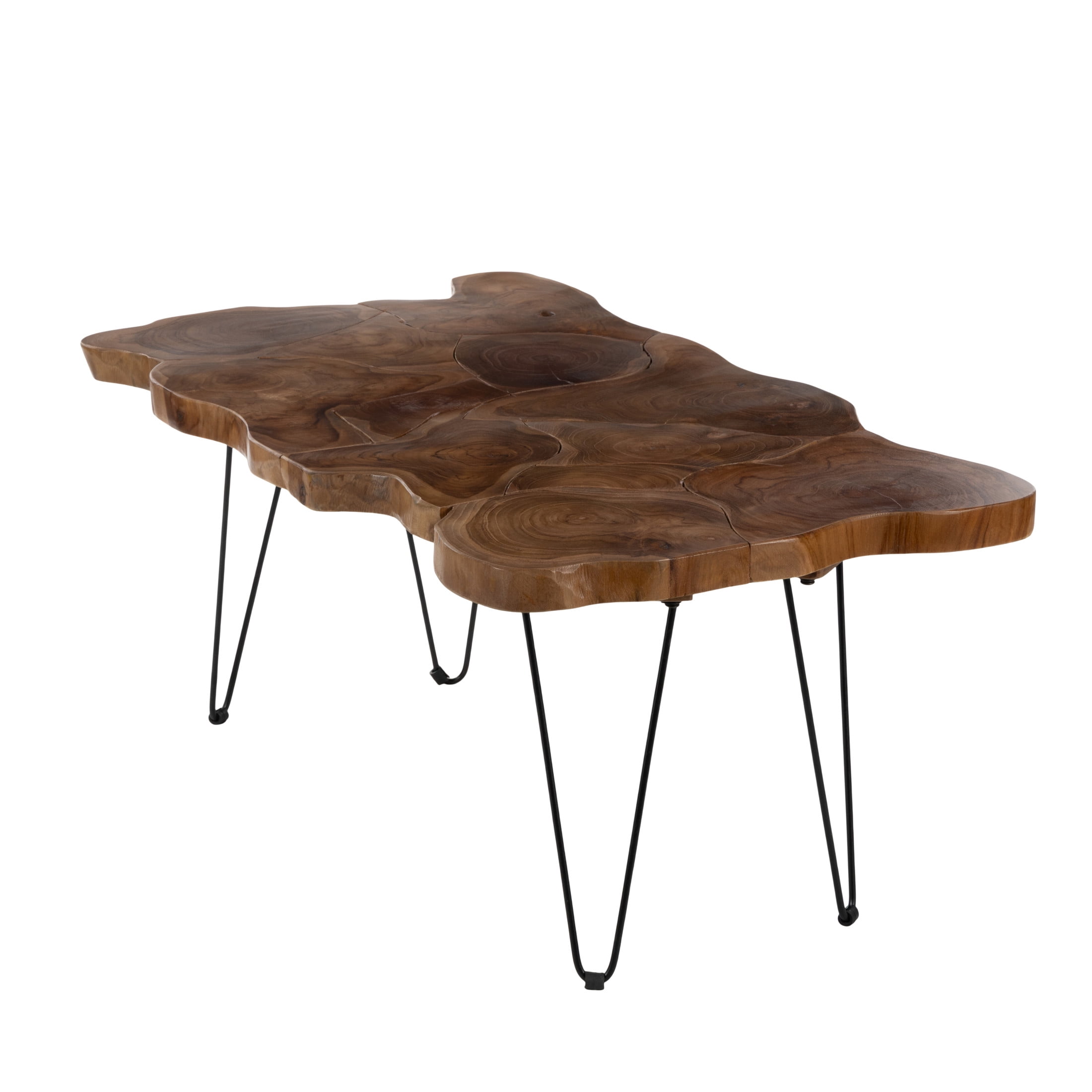 DecMode 43" x 19" Brown Teak Wood Handmade Live Edge Coffee Table with Black Hairpin Legs, 1-Piece