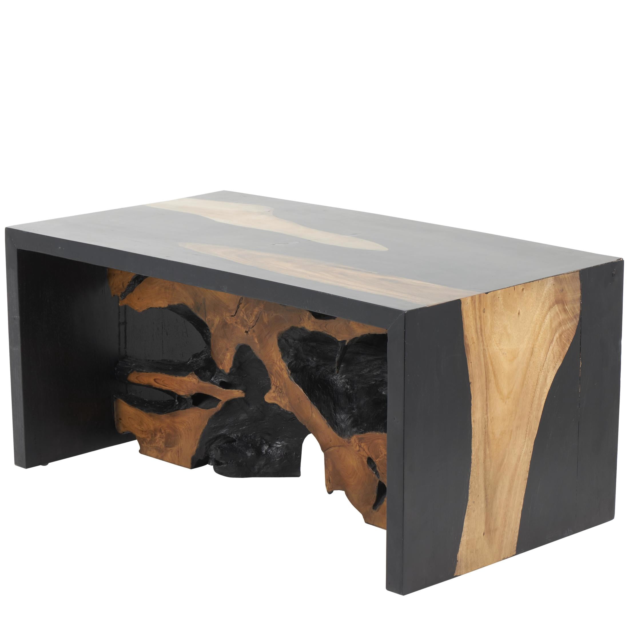 DecMode 43" x 20" Black Wood Handmade Block Coffee Table with Brown Live Edge Wood Interior, 1-Piece