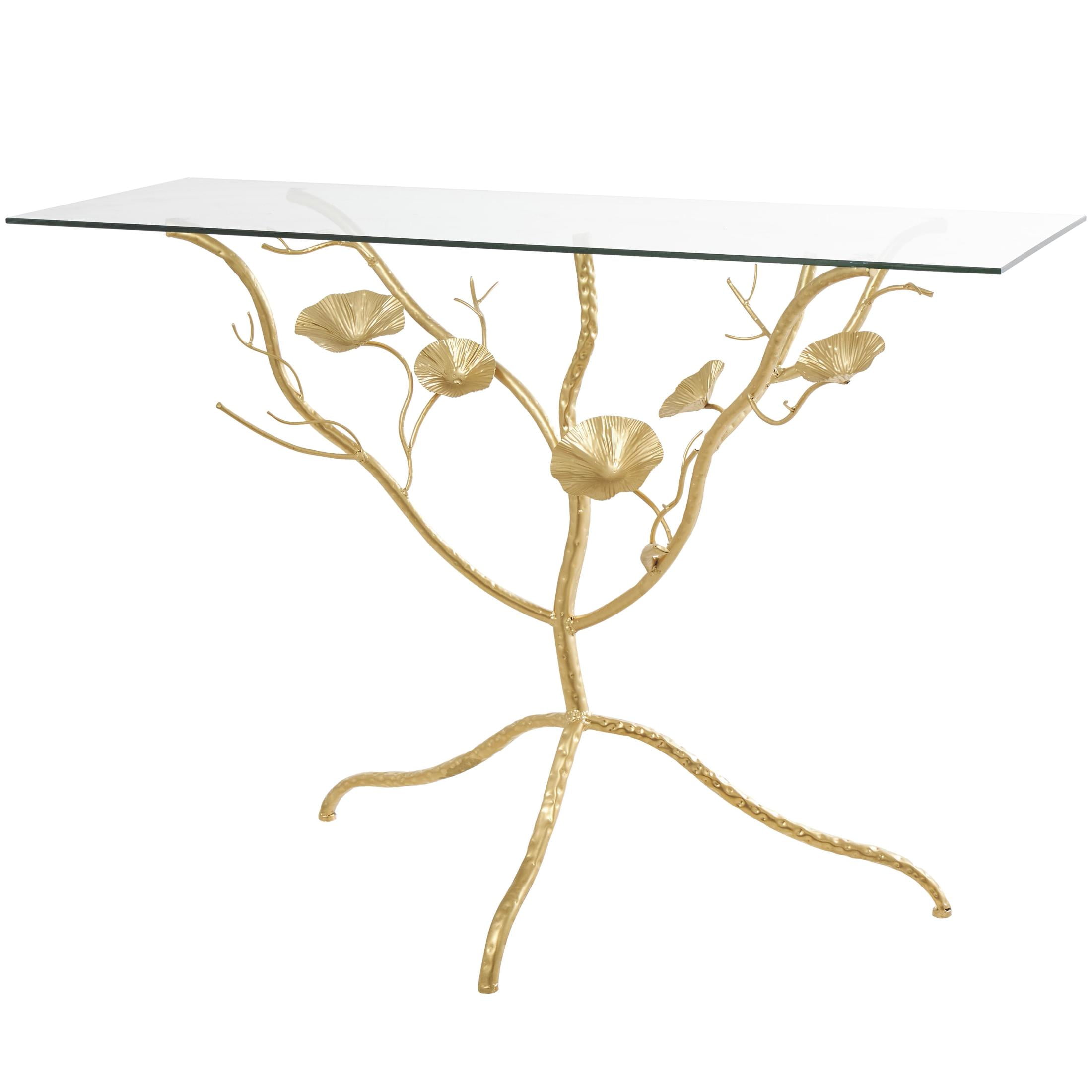 DecMode Gold Metal Branch Floral Console Table with Glass