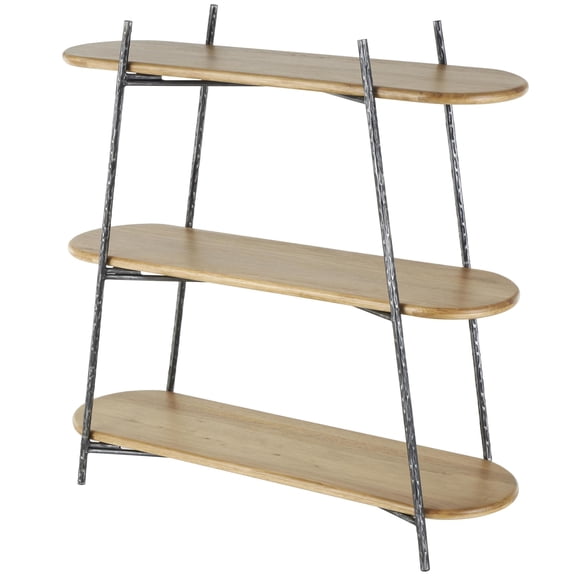 DecMode 43" x 42" Brown Wood Oval Shaped 3-Tier Shelving Unit with Black Metal Frame, 1-Piece