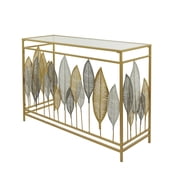 DecMode 44 x 30 Gold Metal Rectangular Leaf Console Table with Mirrored Glass Top and Silver Accents, 1-Piece